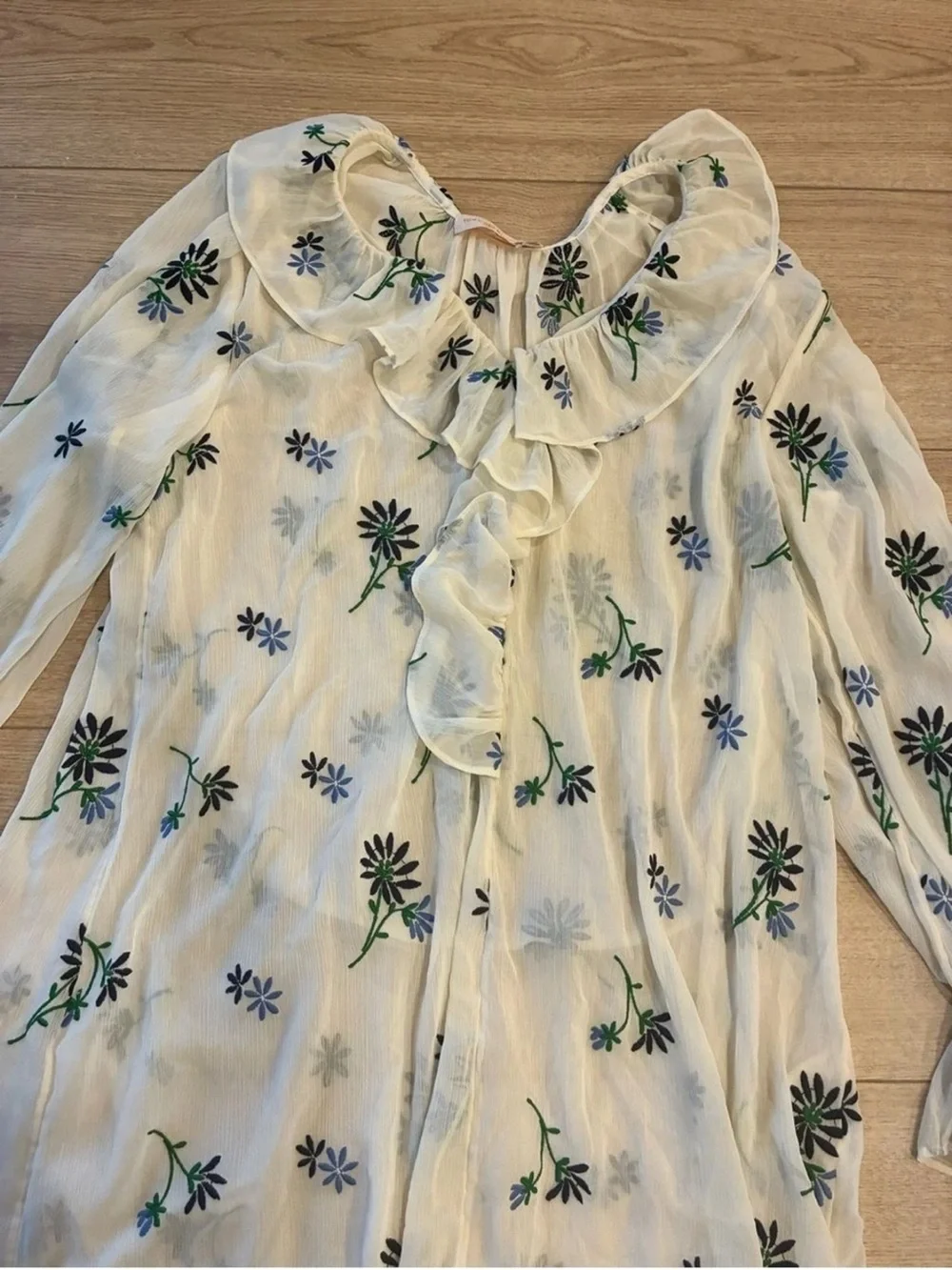 Tory Burch Cream Midi Dress with Blue Floral Embroidery